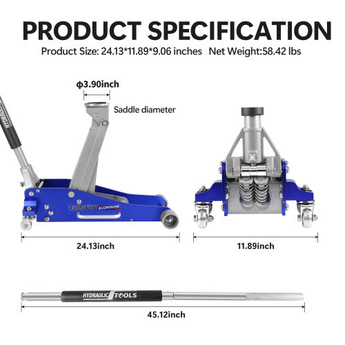 Hydraulic Low Profile Aluminum Steel Racing Floor Jack with Dual Piston Quick Lift Pump With 2.5 Ton Capacity